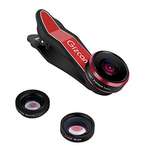 Gizcam Phone Lens, 198 Degree Fisheye Lens, 0.63X Wide Angle Lens, 15X Macro Lens for iPhone,  iPad, Samsung, Android Smartphones(Red)