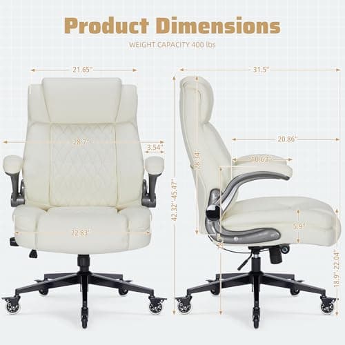 High Back Office Chair with Locking Wheels, Large Executive Desk Chair, Flip Arms Adjustable Lumbar Support, Ergonomic Synthetic Leather Computer Chair Prevents Cats Scratching, Thick Padded,Beige