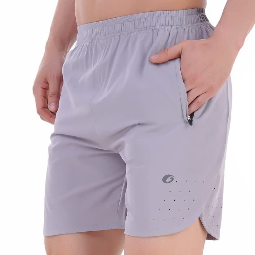 Laser Cut Men's Running Shorts with Zip Pockets, Light Grey, XL