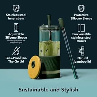 Pandaloo® Glass Cups With Lids and Straws -20 Fl Oz- Perfect Size Iced Coffee Cup - Smoothie Cup With Bamboo Lid and On the go Lid - Glass Tumbler With Straw (1 Count (Pack of 1), Amber Sand)