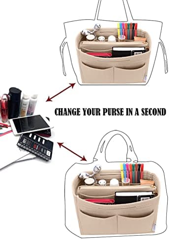 LEXSION Felt Purse Bag Organizer Insert with zipper Bag Tote Shaper Fit Speedy Neverful PM MM, 1-Beige, M