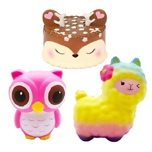 Bestkiy 3 PCS Jumbo Squishies Slow Rising Deer Cake,Rainbow Sheep,Pink Owl Set Kawaii Squishy Cream Scented Squishy Toys Decompression Stress Relieve for Kids and Adults