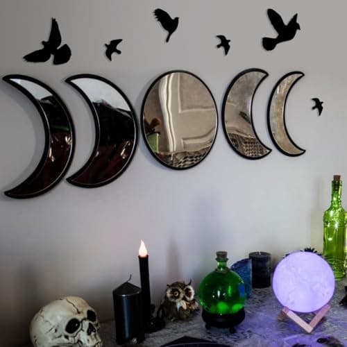 NESHE Moon Phase Mirror Set | 5pcs Scandinavian Natural Home Boho Wall Decor | Aesthetic Witchy Bohemian Indoor Gothic Art Decorations for Living Room Bedroom Apartment Farmhouse Acrylic (Black)