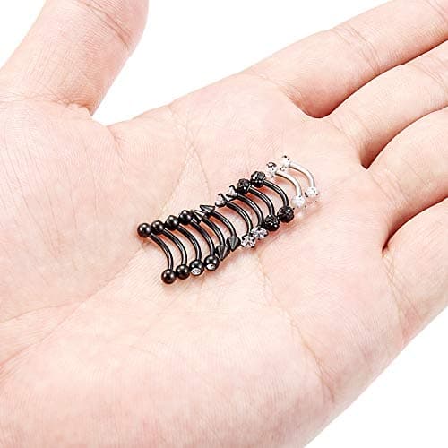 Dyknasz 6-12 Pcs 16G Stainless Steel Eyebrow Piercing Rings Clear CZ Curved Barbell Helix Daith Piercing Body Jewelry for Women Men