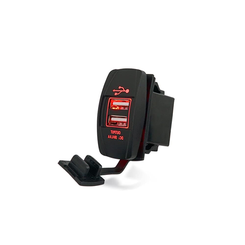 4.8A Dual USB Port Socket Charger Rocker Style, Waterproof 2.4A Fast Charge Mount, 12V/24V Marine Boat Motorcycle SUV Bus Truck Yacht Rocker Switch Panel(4.8A Red Square USB Charger)