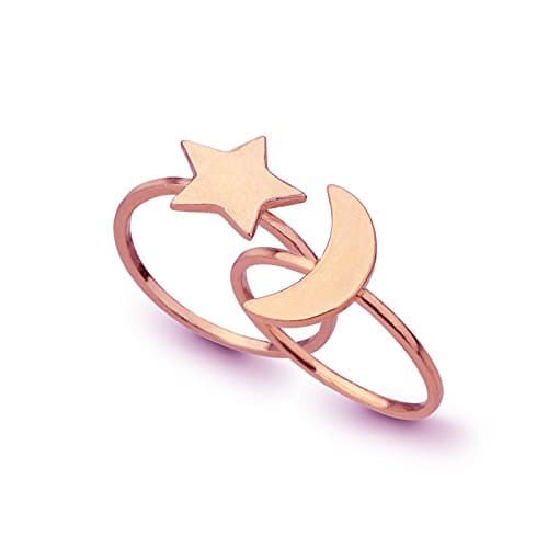 14k Rose Gold Moon and Star Ring Set Stacking Rings Celestial Jewelry