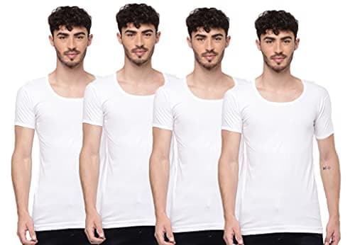 Ramraj Men's Cotton Pack of 4 Solid Sleeve Round Neck with Extended Length for Easy Tuck