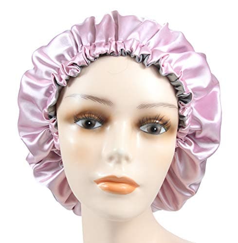 SAYMRE Satin Bonnet Adjustable Sleep Cap Double Layered Reversible Night bonnet for Women curly hair Long hair (Pink-Silver)