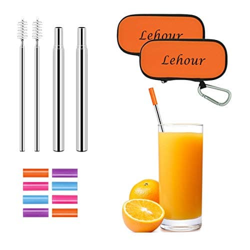 2 Pack Reusable Drinking Straws, Telescopic Stainless Steel Straw with Travel Case and Cleaning Brush, Food Grade Metal Straws, Portable Straw with 4 Silicon Tips