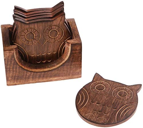 Set of 6 Adorable Owl Shaped Hand Carved Coasters for Drinks with Holder, 8.89cm