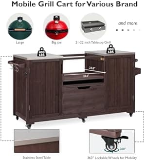 66.5" Outdoor Kitchen Island for Big Green Egg Grills, Outdoor Patio Bar Table with Stainless Steel Top and Adjustable Shelf, Rolling Grill Table Cart for Outside, Kitchen, BBQ, Dark Brown