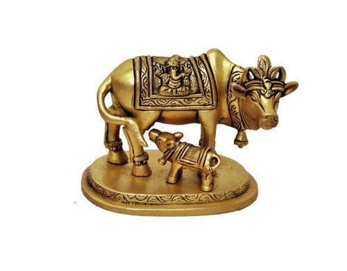 Maa Padma Farms Astadhatu (8 Metals) Made Kamdhenu Cow Idol/Kamdhenu Cow Brass Idol with Lakshmi & Ganesh/Kamdhenu Cow Sculpture with All Devtas- Vrindavan (5 cm)
