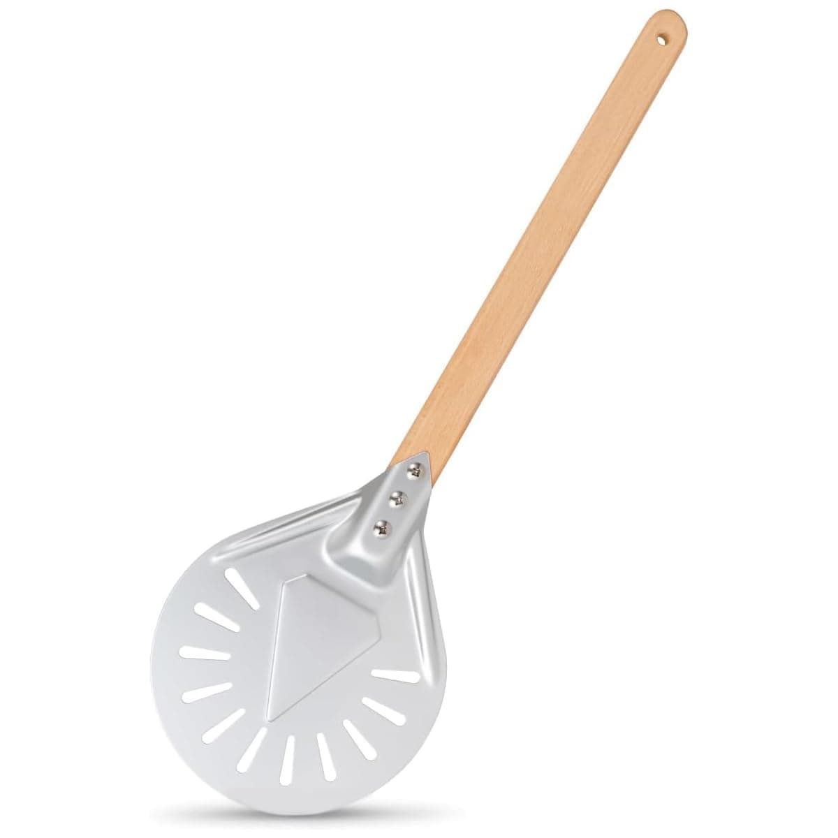 Pizza Turning Peel, 7 Inch Perforated Pizza Peel Non-Stick Pizza Paddle, Aluminum Pizza Shovel with 40cm Wooden Handle, Professional Pizza Turner Perfect for Making Pizzas and Baking