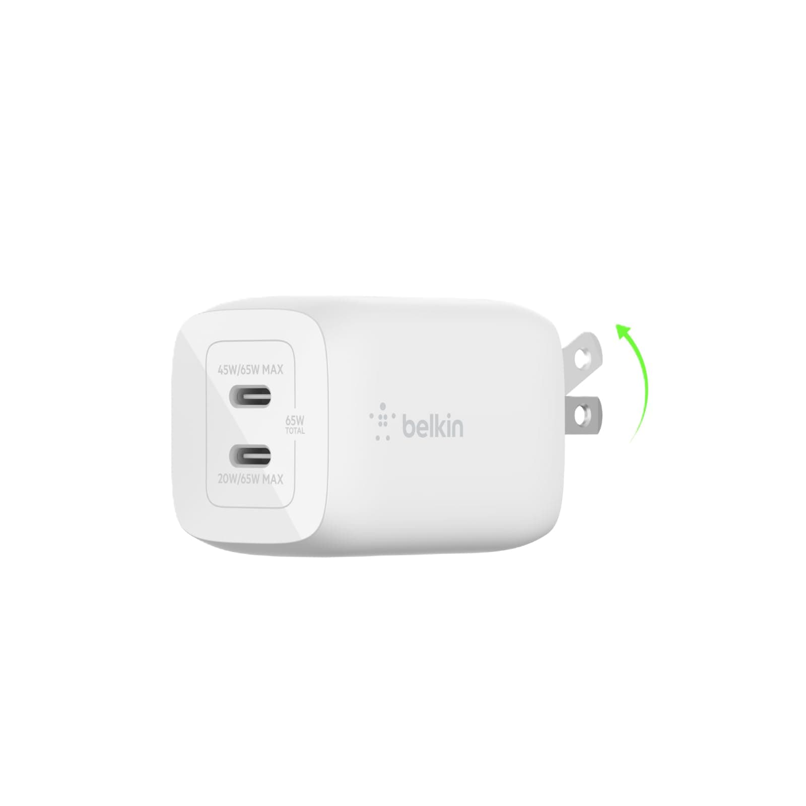 Belkin 65W Dual USB C Charger Block, Super Fast Charging PD3.0 w/ GaN Technology - Samsung Galaxy S25, Apple iPhone 17, Air, Pro, Pro Max, iPad, MacBook, AirPods, Nintendo Switch 2 & More - White