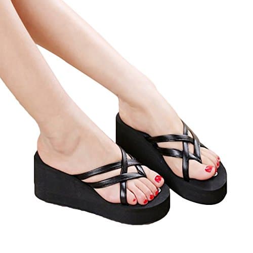 Pingenaneer Flip-flops Women’s High Platform Thong Sandals Criss Cross Strappy Braided Straps Slip On Flat Summer Shoes