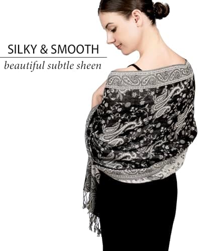 Achillea Soft Silky Reversible Paisley Pashmina Shawl Wrap Scarf w/Fringes (Black White)