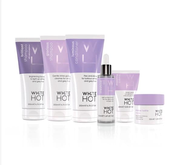 White Hot Ultimate Collection, hair care products to brighten, add gloss & shine to white and grey hair, purple shampoo, banishes yellowy tones.