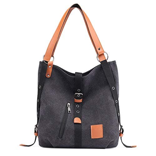 Sunleety Canvas Tote Handbag Women Backpack Shoulder Bag, 3 in 1 Travel Rucksack Crossbody Bag Vintage Schoolbag Casual College Daypack Purse for Girl Ladies (Black)