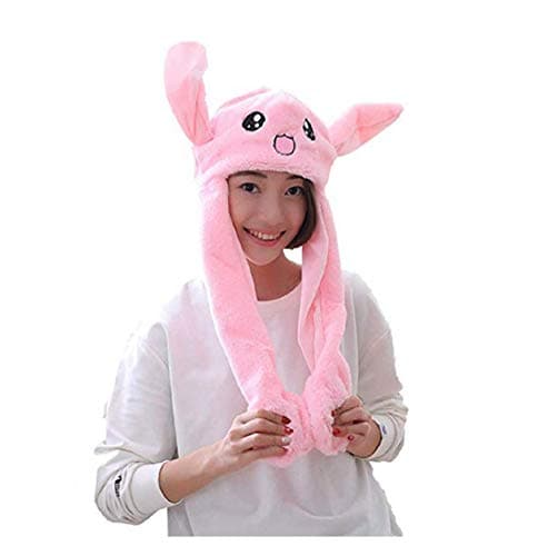 Happy Island Plush Moving Rabbit Ear Hat Dancing Bunny Ears Pinching Ear to Move Vertically Cartoon Animal Plush Toys (Pink)