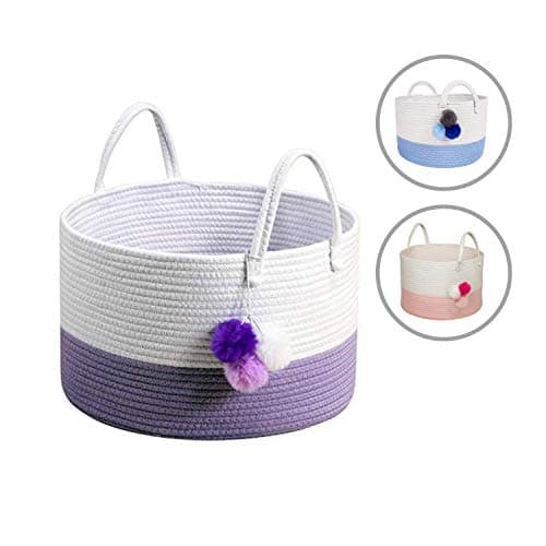 Solaya Short Blue Toy Basket for Nursery 16"x10" - Woven Decorative Basket Large Natural Cotton Rope Basket w Handles – Baby Storage Laundry Hamper, Clothes, Diapers, Kids Toys, Towels, Blankets