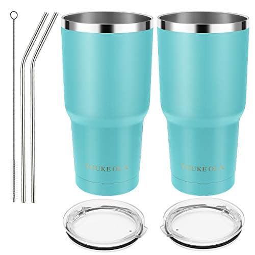 Stainless Steel Tumbler 30oz - Vacuum Insulated Tumbler Coffee Cup Double Wall Large Travel Mug with Lid, Straw, Brush, Gift Box Set (Seafoam, 30oz-2 Pack)