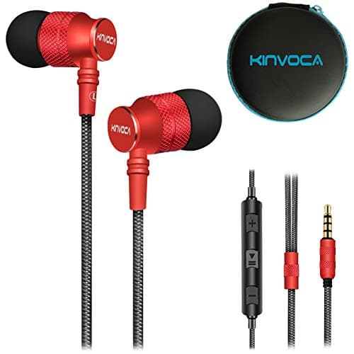 KINVOCA Wired Metal in Ear Earbuds Headphones with Microphone Volume and Case, Bass Stereo Noise Isolating Inear Earphones Ear Buds for Cell Phones, Aluminum Alloy, Carabiner, 3.5mm Jack, Red