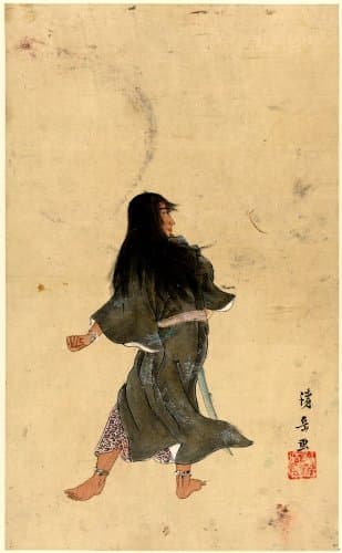 1750 Japanese Print MEDIUM: 1 painting : color.. Warrior or actor with long hair and bracelets around wrist and ankles, full-length, seen from behind, holding a sword