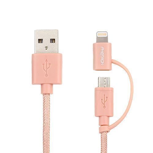 [Apple MFi Certified] Phetron 4ft Dual-use Lightning&Micro USB Nylon Braided Charging/Sync Cable For iPhone6s/6s plus/6/6 plus/iPad/Samsung (Rose Glod)