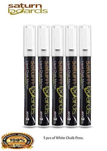 Reversible Dual Nib Chalk Marker Pens (White) Chalk Pens 3mm Fine Bullet Nib - Wet Wipe Erase Chalk Markers Pack of 5 Saturn Boards