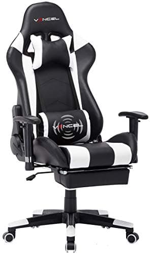 Computer Gaming Chair with Footrest- Adjustable Reclining High Back Swivel Home Office Chair with Headrest and Lumbar Massage Support Racing Style Video Chair (Black&White)