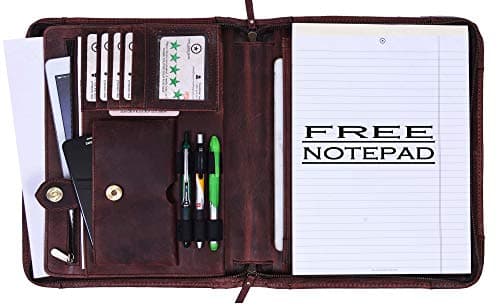 AARON LEATHER GOODS VENDIMIA ESTILOZippered Genuine Leather Business Portfolio | Easy to Carry Organizer with Writing Pad Holder, Business Card and Pen Slots. IPAD/Tablet Holder and Flip-Closure Phone Pocket