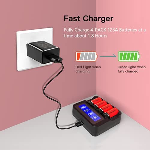 Arlo Rechargeable Batteries 8 Pack, EaseBuy 800mAH ICR17335 NiMh 123A Batteries and CR123A Charger for Arlo VMS3130 VMC3030 VMK3200 VMS3330 3430 3530 Cameras, August Pro, Flashlight