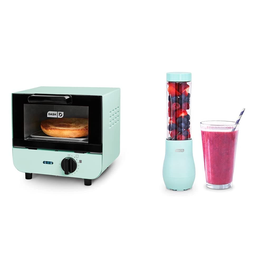 Mini Toaster Oven Cooker for Bread, Bagels, Cookies, Pizza, Paninis & More with Baking Tray, Rack, Auto Shut Off Feature & Mighty Mini 10 oz Compact Personal Bottle Blender with Travel Lid, Aqua
