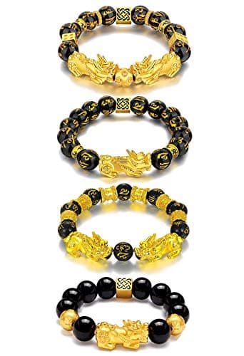 4Pcs Feng Shui Bracelets for Women Men Beaded Pi Xiu Charm Lucky Fortune Black Obsidian Wealth Bracelet Adjustable Elastic