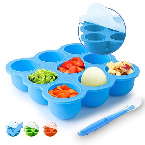 Silicone Food Storage Freezer Tray with Clip-On Lids+Spoon,Baby Food Containers-9 Large Cup BPA Free Perfect for Homemade Baby Food,Safety&Reusable(Blue)