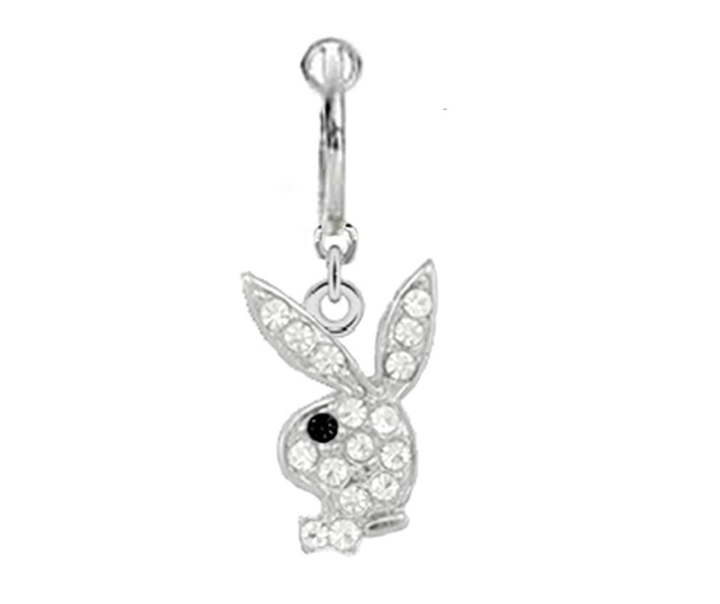Fake Belly Navel Non Clip on Officially Licensed Clear cz Playboy Bunny w/Black Eye Rabbit Dangle Ring