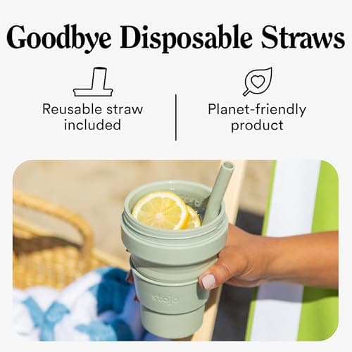 STOJO Titan Collapsible Travel Cup With Straw - Denim Blue, 24oz / 710ml - Reusable To-Go Pocket Size Silicone Cup for Hot & Cold Drinks - Camping and Hiking - Microwave & Dishwasher Safe