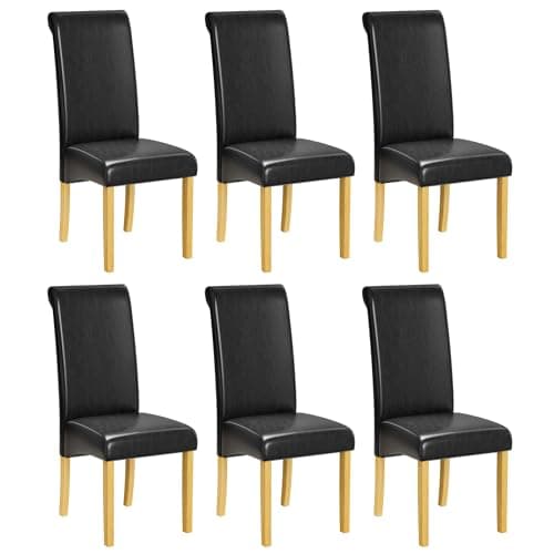 1homeFaux Leather Dining Chairs with Solid Wooden Legs, Padded Seat and Curved Backrest, Easy to Clean Waterproof Chairs, Set of 2, Ideal for Kitchen, Living Room, and Study, Black