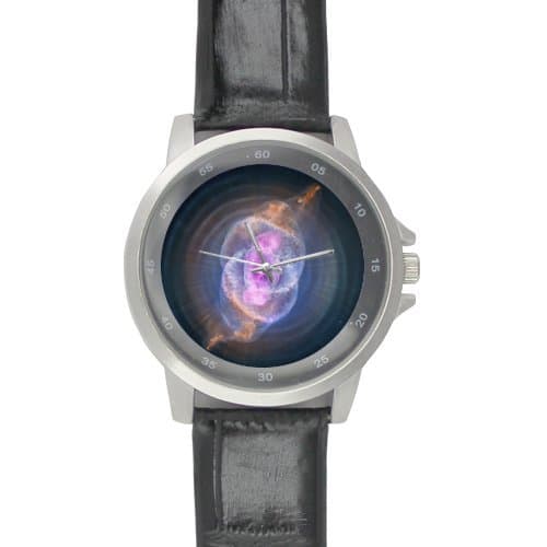 Special Design Space Nebula Universe Galaxy Pattern Custom Unisex Stainless Steel Leather Strap Watch Metal Case, Tempered Glass, Black Leather Band