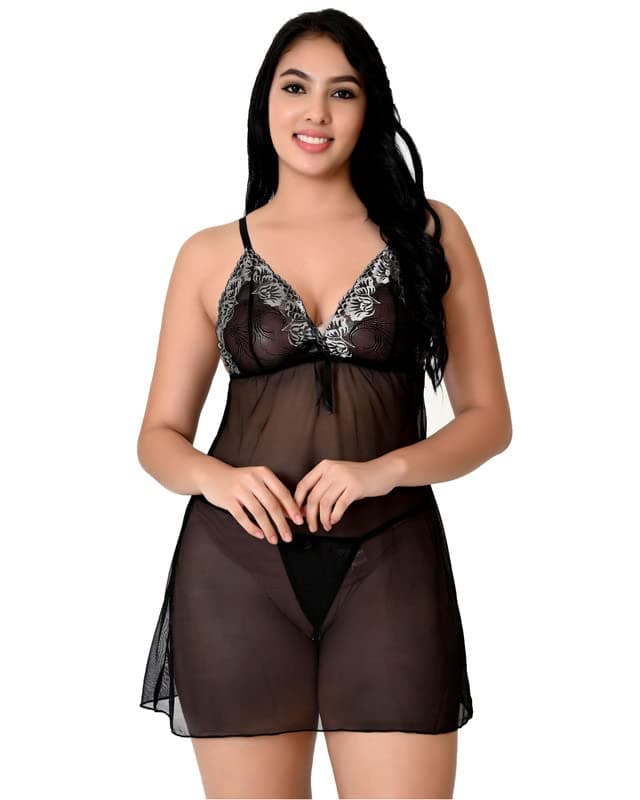 FihanaWomen's Sheer Lace Babydoll Lingerie | Elegant Nightwear with Adjustable Straps, Mesh Skirt & Satin Bow | Romantic Sleepwear for Women