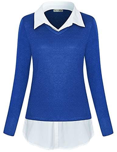 MISS FORTUNEWomens Sweaters Pullover, Ladies V Neck Sweater Warm Fall Clothing Prime Wardrobe 2 in 1 Tops Blue Tunic Lapel Collar Shirt Curved Hem Sweater