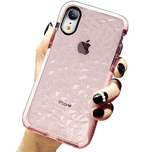 KUMTZO Compatible iPhone XR Case, Crystal Clear Slim Diamond Pattern Soft TPU Anti-Scratch Shockproof Protective Cover for Women Girls Men Boys with iPhone XR 6.1 inch - Pink
