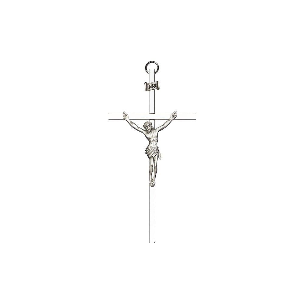 6 inch Antique Silver Crucifix on a Polished Silver Finish Cross