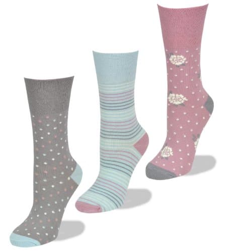 Womens Socks, Soft cuff, 3 Pairs of Pastel patterned socks, 4-8 UK, 37-42 EU, Light Hold honeycomb top, ideal elastic free Diabetic Socks