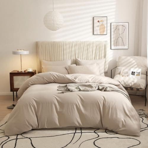 Queen Size 6 Pieces Bedding set, Washable Cotton Dark Beige Color.