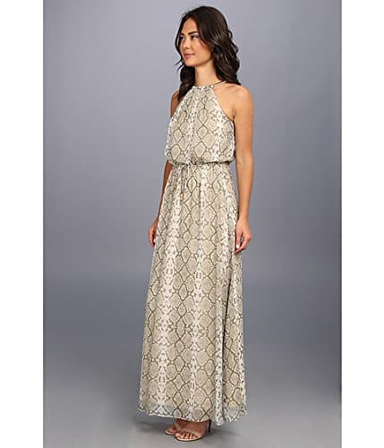 Vince Camuto Women's Blouson Printed Chiffon Maxi w/ Snake Chain Halter Detail Rattle/Natural 6