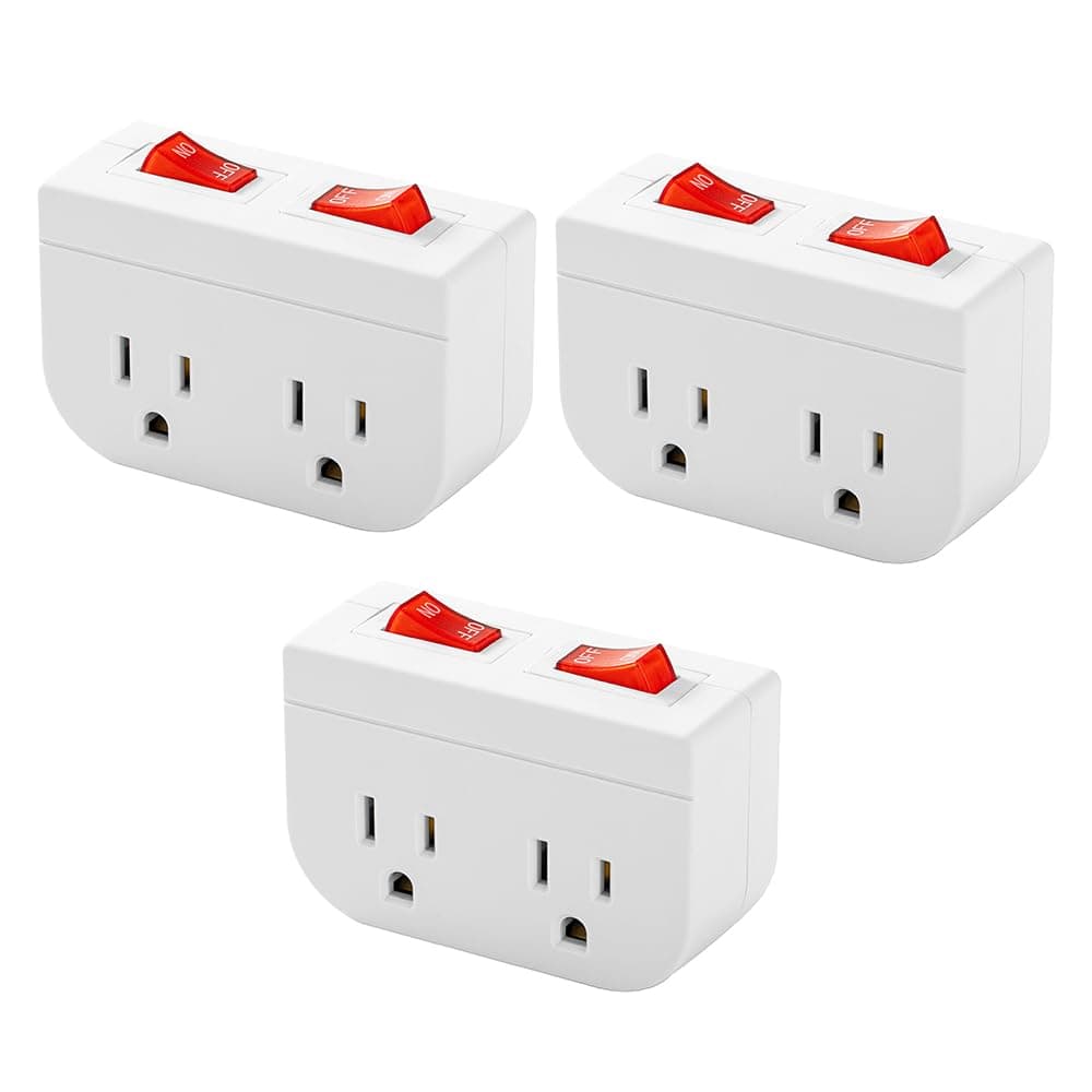 Grounded Outlet with On Off Switch, Double Port Electrical Outlet Plug Switch, for Cruise Ship, Hard-to-Reach Lamps, Kitchen Appliances, Energy Efficient, 1875W/15A, ETL Listed, White, 3 Pack