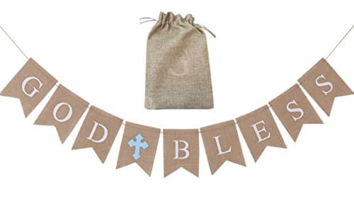 Baby Boy Baptism Christening Decorations Banner God Bless Communion Banner, Catholic Christening Favors, Natural Burlap, Comes with Storage Bag (Full Length:5.9ft) - Lakeblue Cross