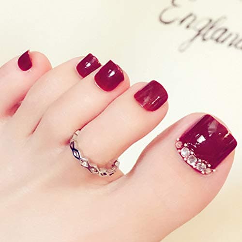 Sethexy Fashion Press on Toenails 24PCS False Toe Nails Full Cover Art Acrylic Fake Toenails for Women and Girls (Rhinestone Wine)