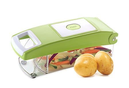 5 IN 1 VEGETABLE AND FRUIT ULTRA SLICER AND CUTTER. 5 COMPONENTS INCLUDED. UNBREAKABLE POLY CARBONATE CONTAINER & STAINLESS STEEL BLADE. EASY PUSH & CLOSE BUTTON. NO ELECTRIC POWER REQUIRED TO OPERATE